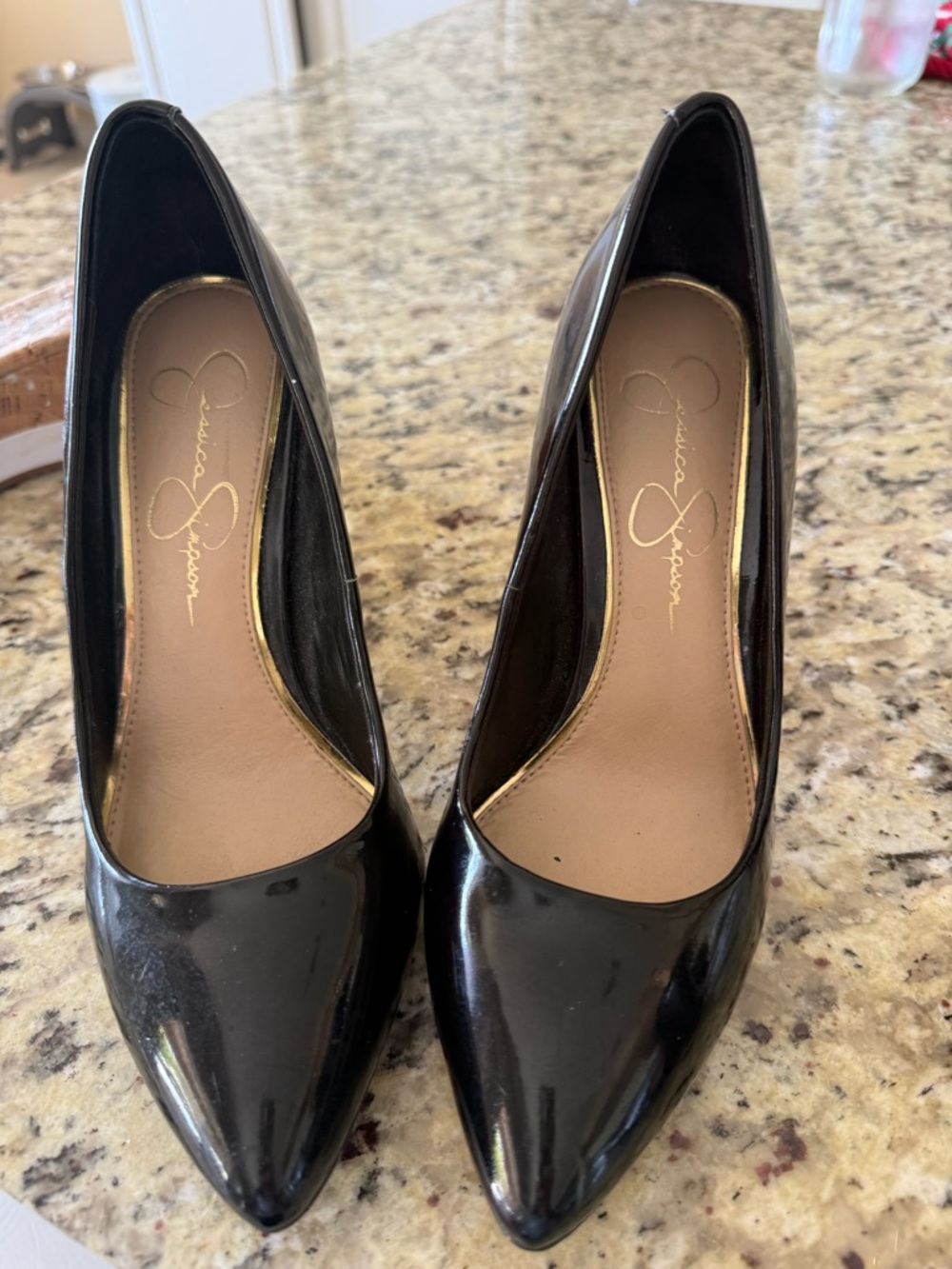 Jessica Simpson Black Patent Pointed-Toe Pumps with Gold Trim